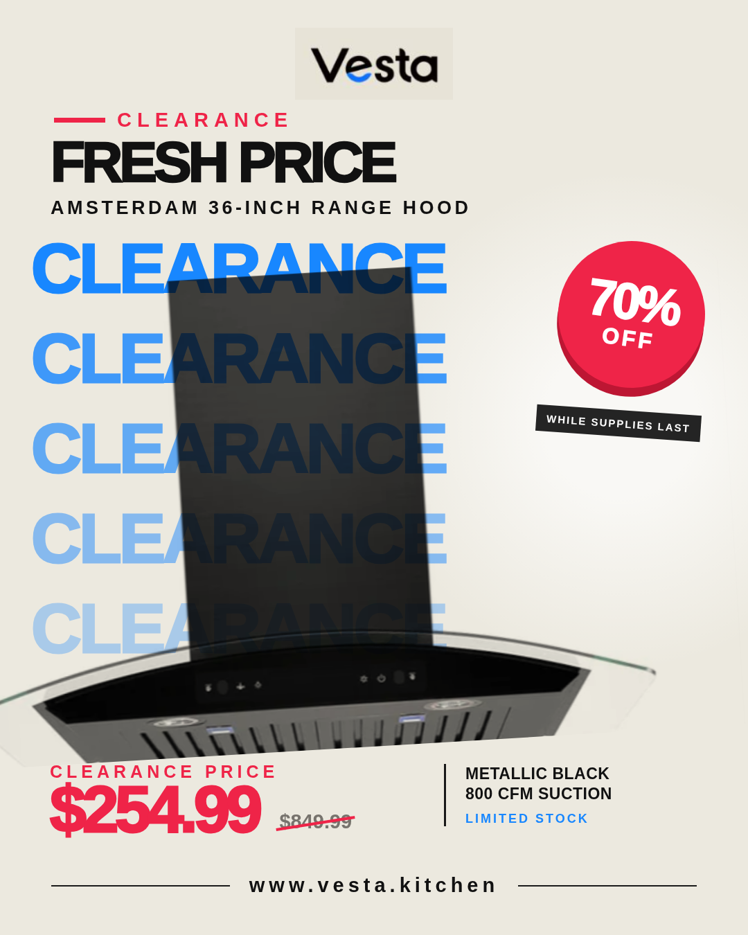 Clearance! Amsterdam 36" | Metallic Black | 800 CFM Suction