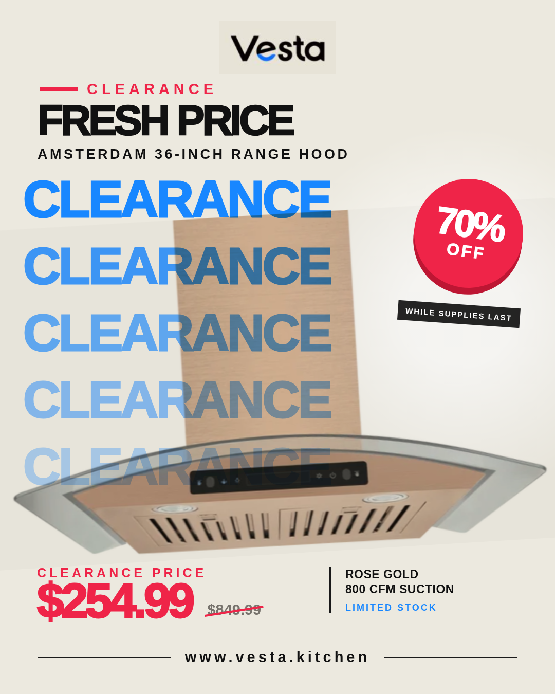Clearance! Amsterdam 36" | Rose Gold | 800 CFM Suction