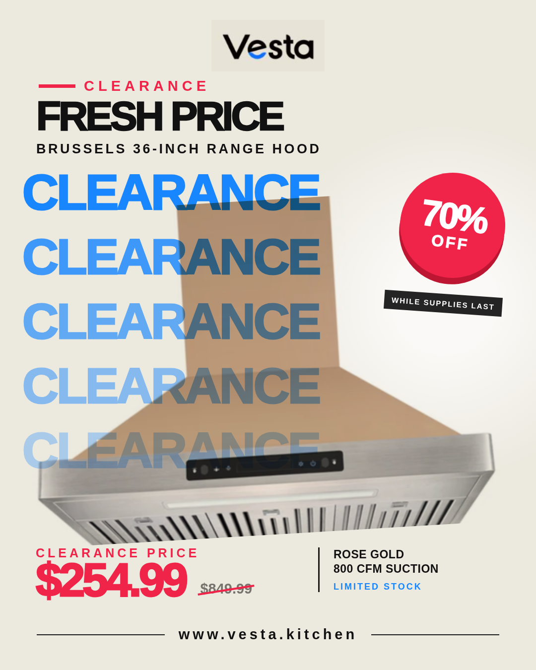 Clearance! Brussels 36" | Rose Gold | 800 CFM Suction